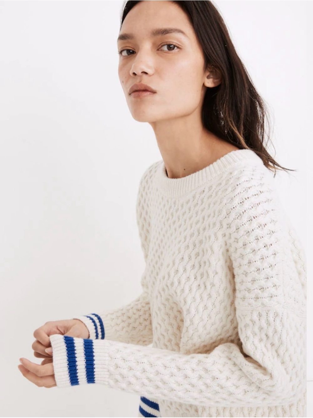 Madewell White Cable Knit Sweater with Blue Stripe Trim - Picture 2 of 10